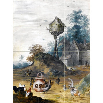 Tile Mural A Farmyard Scene With Hens Feeding, Matte