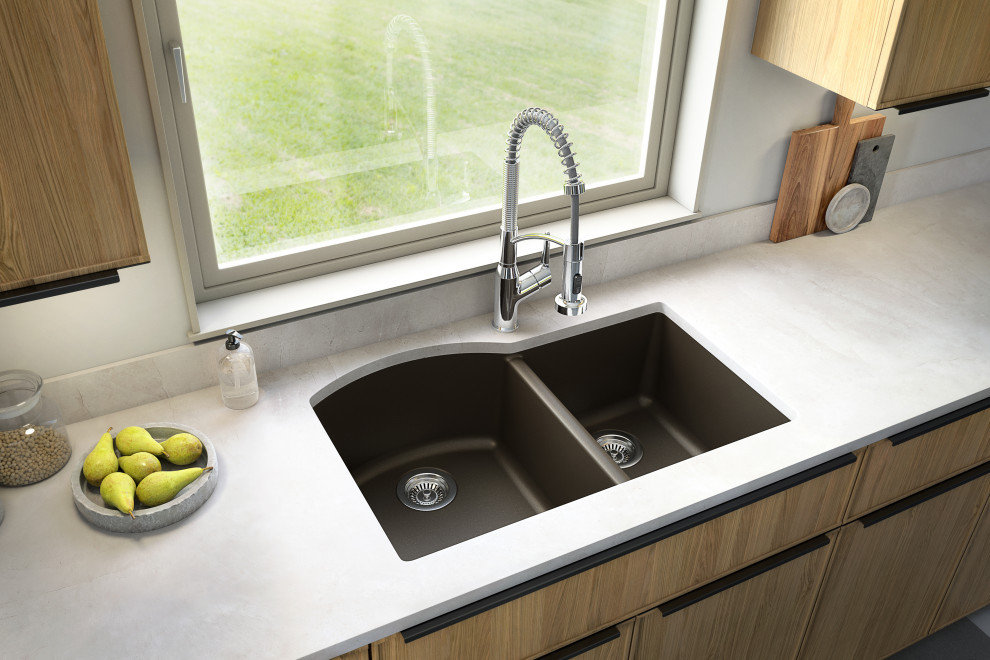 Karran Undermount Quartz 32" 60/40 Double Bowl Kitchen Sink, Brown