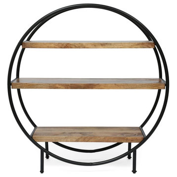 Bookcase, Circular Shaped Metal Frame With 3 Open Shelves, Natural/Black