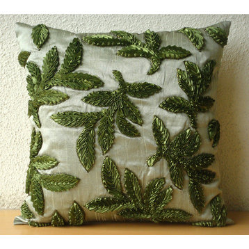 Green Ribbon Leaf Pillows Cover, Art Silk 18x18 Throw Pillow Cover, Leafy Days