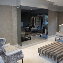 Grey Dielectric Mirror TV Glass Fireplace with a 65" OLED TV - Living Room Furniture
