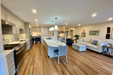 This is an example of a medium sized traditional open plan living room in Philadelphia with multi-coloured walls, vinyl flooring, no fireplace, a wall mounted tv, brown floors and wainscoting.