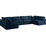 Meridian Furniture - Plush Velvet / Down Standard Comfort 6-Piece U-Shaped Modular Sectional, Navy - No matter how big or little the size of your gang, they can all find their sweet spot when you choose pieces from the Plush collection to build your ideal seating group. Choose this individual Plush piece or pair multiple pieces together to get the custom look everyone will love. The soft navy velvet material is soft and welcoming to the touch, and the set's cushions are overstuffed with a down and feather blend to provide ample support for tired bodies.
