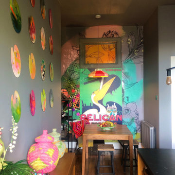 Custom wallpaper mural and art installation in residential kitchen