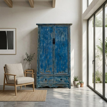 Distressed Bright Blue Tall Oriental Noodle Cabinet Storage Armoire ws4322
