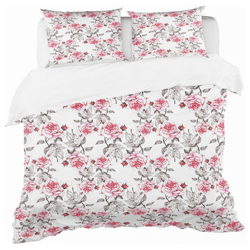 Pattern With Red Roses Modern Duvet Cover Set, Queen