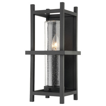 Carlo 1 Light Exterior Wall Sconce, Small, Textured Black Frame, Seeded Glass