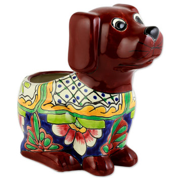 Novica Handmade Talavera Dog Ceramic Planter