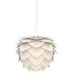 UMAGE - Aluvia Plug-In Pendant, Pearl/White, Mini - Modern. Elegant. Striking. The VITA Aluvia is an artistic assemblage of 60 precision-cut aluminum leaves, overlapping each other on a durable polycarbonate frame. These metal leaves surround the light source, emitting glare-free, ambient light.  The underside of each leaf is painted white for increased light reflection, and the exterior is finished in one of two different colors: subtle Pearl or dramatic Anthracite. Available in two sizes, the Medium (18.9"H x 23.3"W) can be used as a pendant or hanging wall lamp, while the Mini (11.8"H x 15.7"W) is available as a pendant, table lamp, floor lamp or hanging wall lamp. Hang it over the dining table, position it in a corner, or use as a statement piece anywhere; the Aluvia makes an artistic impact in any room.