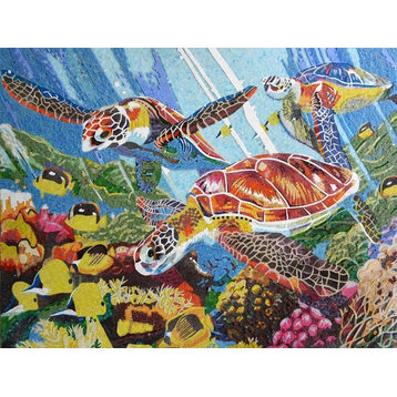 Colorful Sea Turtles And Fish Glass Mosaic Mural, 35"x47"