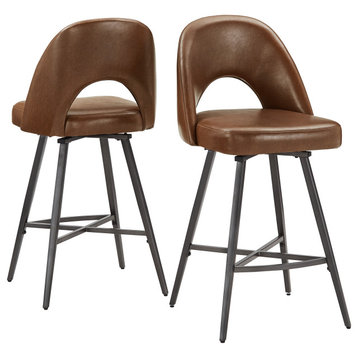 Tierno 24" Counter Height Metal Swivel Stools, Set of 2, Brown PU Leather