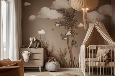 Imagen de habitación de bebé neutra clásica renovada de tamaño medio con paredes marrones, moqueta y suelo beige