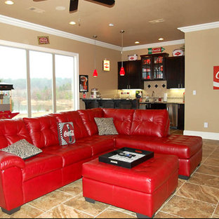 Large elegant enclosed ceramic floor home theater photo in Little Rock with beige walls