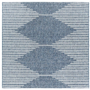 Indoor Outdoor Area Rug, Diamond Striped Pattern, Blue-Ivory/7'10" X 10'2"