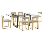 Armen Living - Kai Anastasia Glass Dining Table 7-Piece Set, Gold Brushed, Taupe Fabric - Give a sophisticated upgrade to your dining area with the Kai Anastasia Dining Set by Armen Living. This set includes 1 Kai Rectangular Glass Dining Table with Metal base and 6 Anastasia Upholstered Dining Chairs. The crisp and clean-lined design of our dining set offers modern drama and elegance. The rectangular, glass tabletop beautifully balances on a streamlined metal base. The sharp angles and contrasting finishes lend a touch of polish and definition to our dining table. It serves as a brilliant complement to our Anastasia dining chairs. The Anastasia's cushioned backrest and padded seat showcase a neat channeling detail that provides texture for a chic and inviting look. Creating a beautiful contrast with the sleek frame and comfortable cushions, these dining chairs are set to make a stylish impact. The chair is upholstered in performance fabric or smooth faux leather to offer easy care and maintenance. Together, this dining set can bring an elevated tone to your kitchen, dining room, or living space. It serves as the perfect spot to enjoy dinners, engaging conversations, and activities. With sturdy construction and high-quality materials, our dining set will continue to bring style and comfort to your home. The Kai Anastasia 7 Piece Rectangular Glass Dining Table Set is available in matching finishes and a variety of colors, or sold separately to achieve any look you desire.
