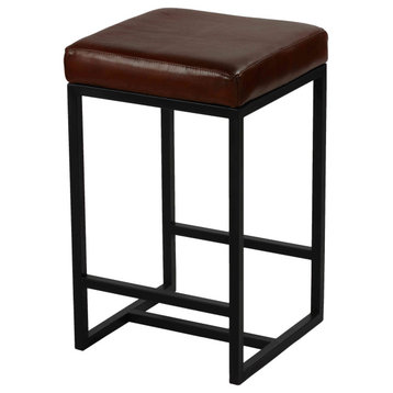 Bare Decor Cognac Backless Counter Stool, Genuine 100% Leather, Brown
