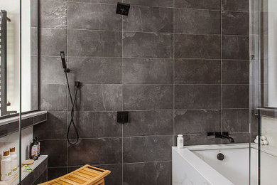 Mid-sized zen master gray tile and porcelain tile ceramic tile, gray floor and double-sink bathroom photo in Detroit with flat-panel cabinets, medium tone wood cabinets, an undermount tub, a bidet, beige walls, an undermount sink, quartz countertops, white countertops, a niche and a floating vanity