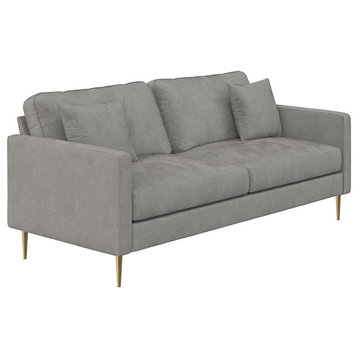 Contemporary Sofa, Gold Metal Legs & Gray Velvet Upholstered Seat With Pillows