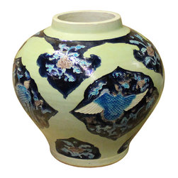 Handmade Ceramic Blue Light Green Celadon Dimensional Pattern Vase Ja - Decorative Jars And Urns