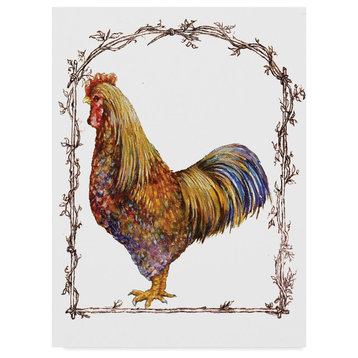 "Rooster Colorful Twig Border" by Sher Sester, Canvas Art, 47"x35"