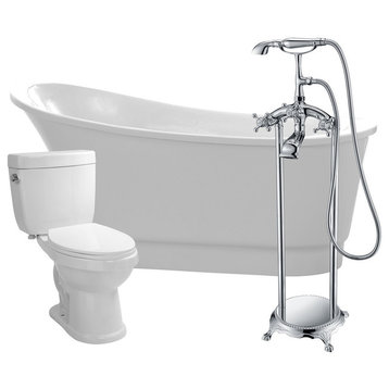ANZZI 67" White Acrylic Soaking Bathtub With Faucet and 1.6 GPF Toilet