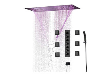 Cagliari Phone Controlled Thermostatic Recessed Ceiling Mount Matte Black Musical LED Rainfall Shower System with Jetted Body Sprays and Hand Shower