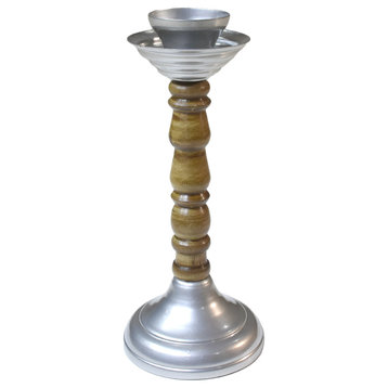 Handmade Iron and Wood Traditional Pillar Candle Holder, Silver