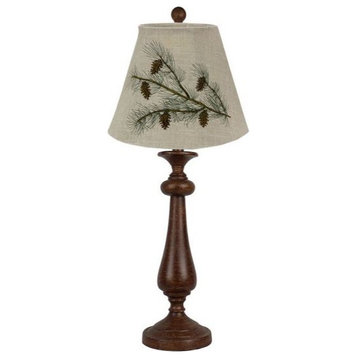 Distressed Brown Traditional Table Lamp With Pine Cone Embroidered Shade