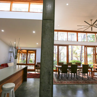 ウロンゴンの広いLDKの画像 (白い壁、コンクリートの床、薪ストーブ、コンクリートの暖炉まわり、グレーの床)