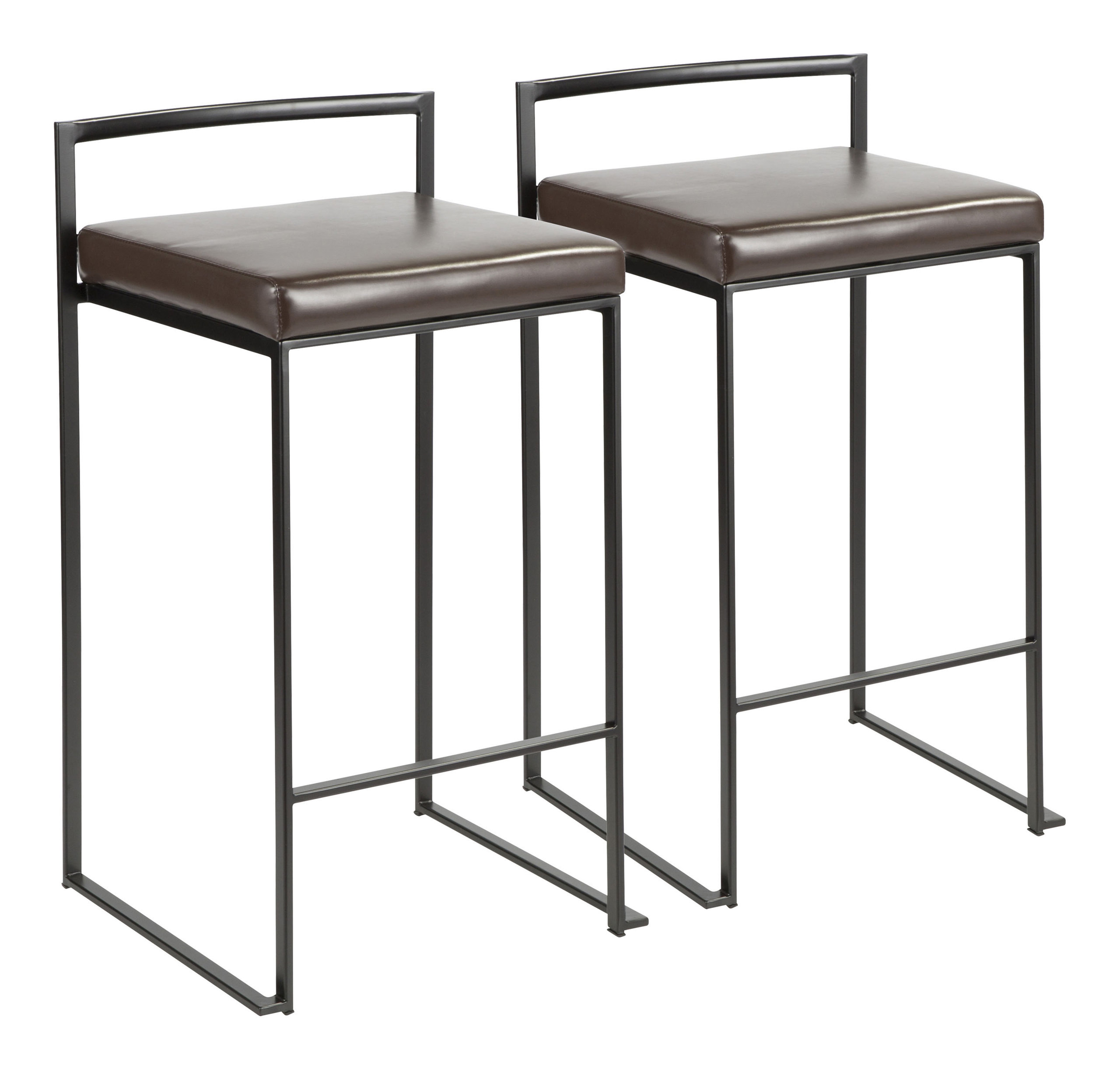 LumiSource Fuji Counter Stool Set of 2, Brown Faux Leather Cushion, Black Frame