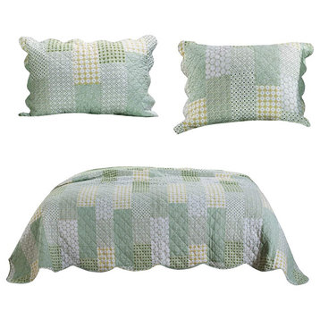 Benzara BM219434 Fabric Queen Size Quilt Set, Geometric Pattern Motifs, Green