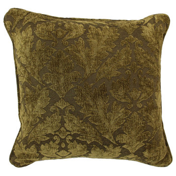 18" Double-Corded Jacquard Chenille Square Throw Pillow, Floral Beige Damask