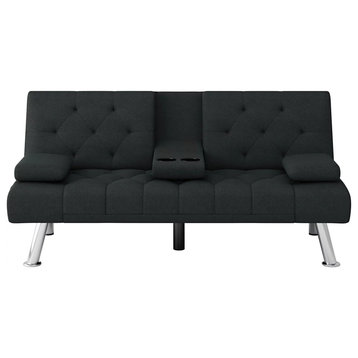 Modern Folding Futon, Tufted Polyester Seat & Drop Down Cupholders, Black