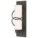 Hubbardton Forge - Olympus Small Outdoor Sconce, Coastal Natural Iron, Opal Glass - The Olympus Small Outdoor Sconce features the Olympus Collection's hand-hammered and stamped metal rings that intersect and surround the vertical glass cylinder. Available in a choice of robust Coastal Outdoor Finishes.