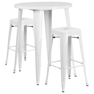 Flash Commercial Grade 30" Round White Metal Bar Table Set & 2 Backless Stools
