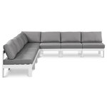 Meridian Furniture - Nizuc Water Resistant Patio L-Shaped Modular Sectional, Gray, 7-Piece: 6 Armless Chair, 1 Corner Chair, White Aluminum Frame - Pick and choose your favorites from the Nizuc collection to create a modular seating group the whole gang will enjoy. The sturdy aluminum frame provides dependable support for friends and family as they relax and unwind, and the resilient grey water resistant fabric stands up to the elements without losing its beautiful demeanor, so you can count on it lasting for the long haul. Latches beneath these seating pieces help you easily attach them to one another for convenient setup.