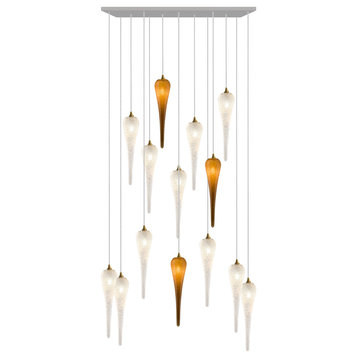 Icicle 14 Blown Glass Chandelier, Silver, 60", Clear and Honey Glass