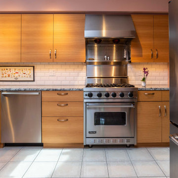 Modern Kitchen - Flat Flat Panel Stained Horizontal Grain Cabinets & Soapstone S