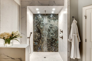 Bathroom - large contemporary master gray tile and ceramic tile ceramic tile bathroom idea in Raleigh with marble countertops and gray walls