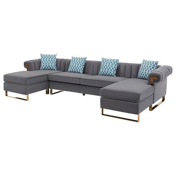 Maddie Gray Velvet 5-Seater Double Chaise Sectional Sofa Throw Pillows