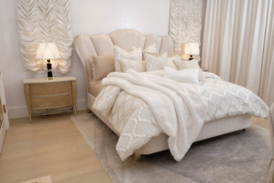 Huge transitional master light wood floor and beige floor bedroom photo in Orange County with white walls and no fireplace