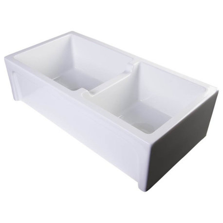 36" White Arched Apron Thick Wall Fireclay Double Bowl Farm Sink