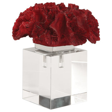 Luxe Modern Red Coral Crystal Cube Sculpture, Coastal Sea Shell Finial Statue