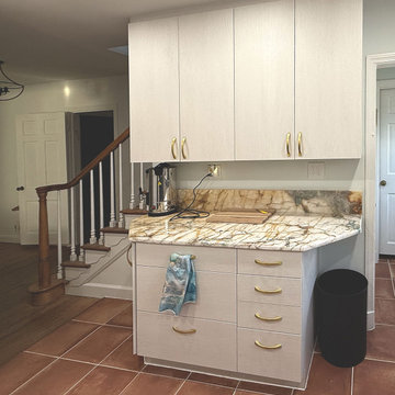 Pops of Color in Compact Kitchen: Turquoise and Terra Cotta