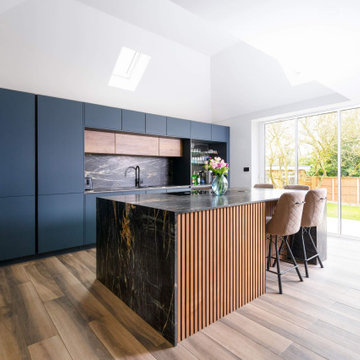 Blue and Oak Handleless Kitchen in Northwood