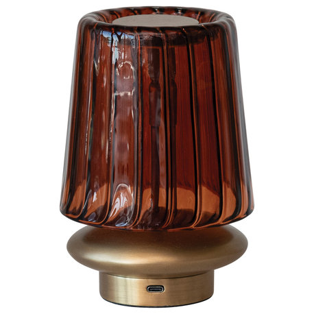 Reclaimed Glass and Metal Table Lamp With Pleated Design, Antique Brass Finish