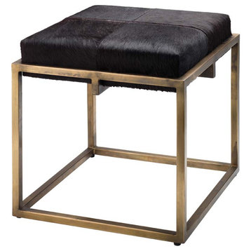 Luxe Open Geometric Brass Bronze Frame Stool Espresso Brown Hair on Hide Square