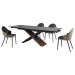 Armen Living - Milena Rocco 5 Pc Extendable Dining Set Taupe Gray and Black Faux Leather Chairs - Entertain friends and family in style with the Milena Rocco 5 Piece Extendable Dining Set with Taupe Gray and Black Faux Leather Chairs from Armen Living. This set includes 1 Milena extendable dining table and 4 Rocco dining chairs. With a modern and streamlined profile, our dining room chair attains the perfect balance between style and comfort. It showcases a beautifully curved and streamlined barrel back with a chic tufting detail. It is perched upon tapered, black metal legs to attain a statement-making appeal in any corner. The plush and sculptural contours of this kitchen chair are highlighted with neat tailoring and elegant details. Featuring generous padding and a hugging silhouette, the dining table chair offers supreme comfort and support. It can easily transition from your kitchen, lounge, dining room, or home office to offer a comfy seat. The Rocco is upholstered in UV and stain-resistant faux leather which does not crack or fade easily to deliver easy care and maintenance. The Milena table's linear, rectangular tabletop is crafted from sintered shadow stone for a versatile and sophisticated appeal. A durable yet elegant alternative to quartz, this tabletop is resistant to etching, scratches, burns, and stains. It is perched upon a cross-shaped base to capture the eye. The chunky wooden leg is covered in walnut veneer, creating a visual contrast with the airy black wooden frame. Our chic and stylish dining table can easily extend to comfortably seat up to six to eight individuals. Serving as the perfect fit for your casual meals and garnished dinners, the table remains a stunning complement to your dining room or living space. It supports durable construction and easy-to-care materials to serve as a long-lasting addition to your home or apartment. Available in a 5 or 7 piece set configuration, the Milena Rocco dining set features a shadow Stone, walnut and black wood veneer table and taupe gray and black faux leather chairs.
