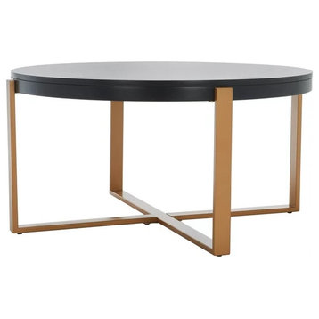Contemporary Coffee Table, Crossed Base With Round Wooden Top, Black/Gold