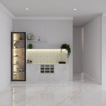 Sleek white marble storage console with under-cabinet lighting, perfect for a mo